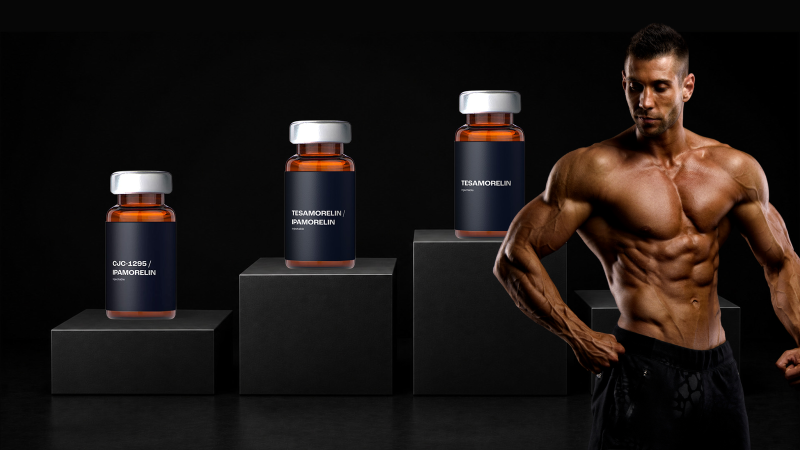 Comparison of the best peptides for muscle growth featuring CJC-1295 with Ipamorelin, Tesamorelin with Ipamorelin, and Tesamorelin alongside a muscular athlete.