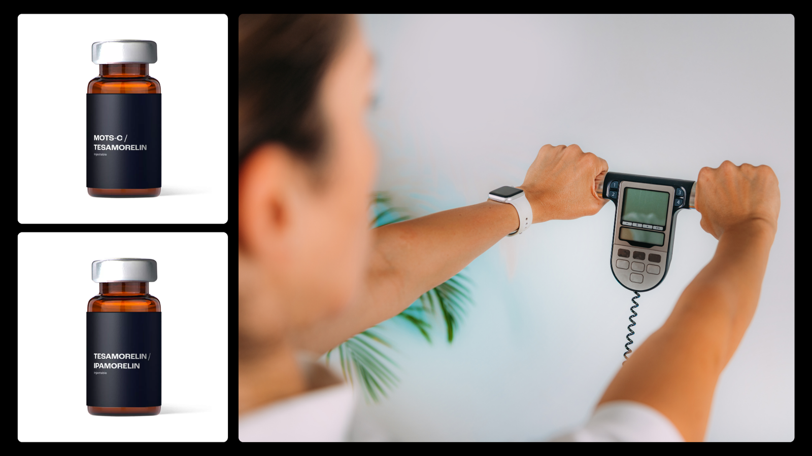 Vials of MOTS-c and Tesamorelin alongside a person measuring fitness progress, illustrating Peptide Stacks for health goals.