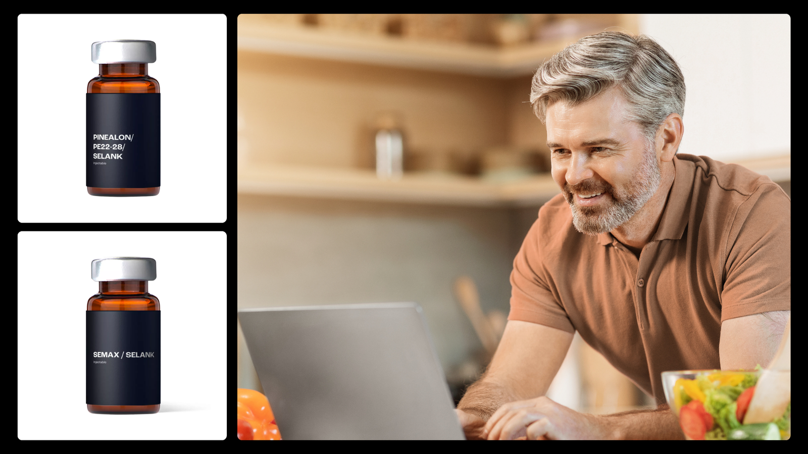 Brain health and cognitive support peptide stacks featuring Semax, Selank, Pinealon, and PE22-28 alongside a man working on a laptop with focus and mental clarity.