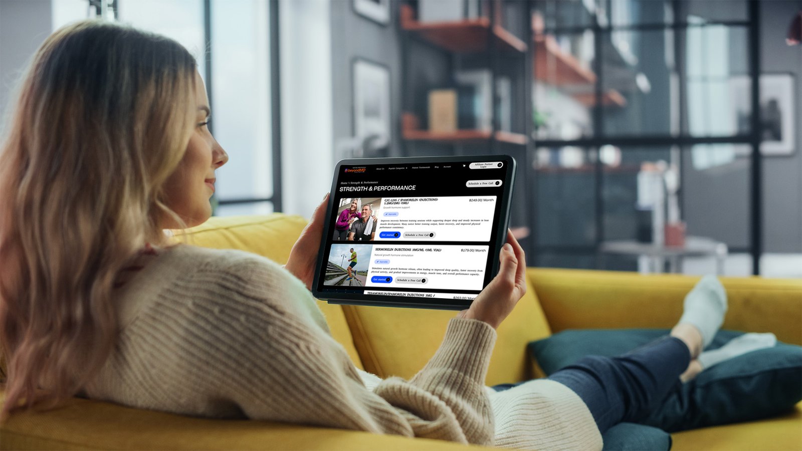 Person browsing peptide therapy options online to choose the best peptides for muscle growth, strength, recovery, and performance.