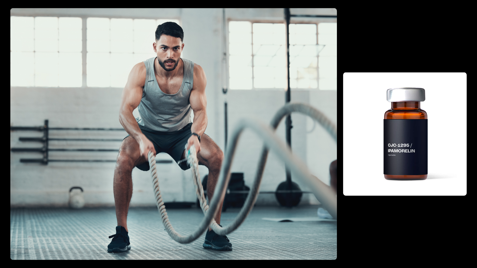 A man exercises with battle ropes alongside a vial labeled CJC-1295/IPAMORELIN, illustrating Peptide Stacks for fitness goals.