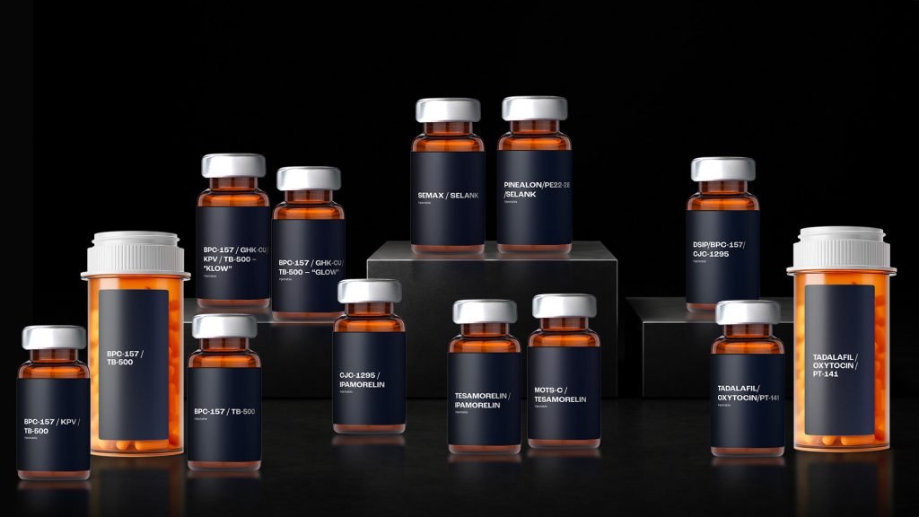 Peptide stacks featuring popular peptide combinations designed to support muscle growth, fat loss, recovery, cognitive function, and overall wellness.