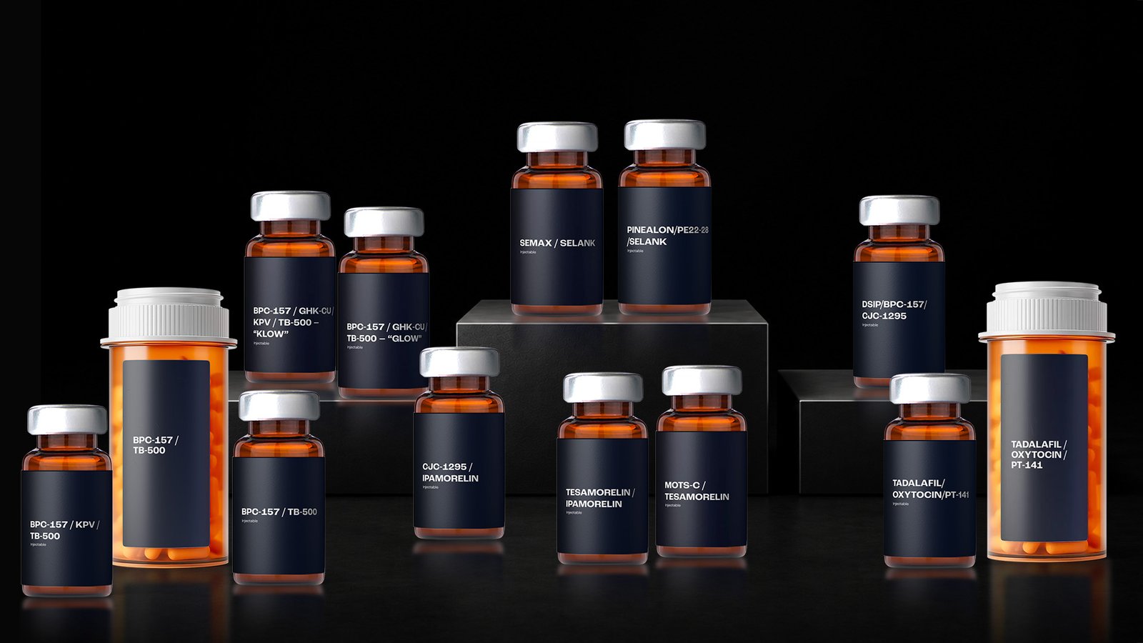 Peptide stacks featuring popular peptide combinations designed to support muscle growth, fat loss, recovery, cognitive function, and overall wellness.