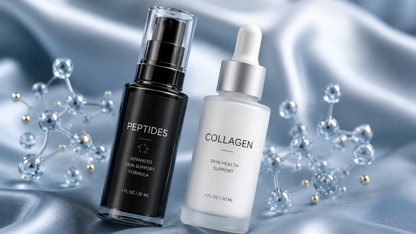Peptides and collagen skincare products displayed side by side, illustrating the differences between peptides vs collagen for improving skin firmness, hydration, elasticity, and reducing visible signs of aging.