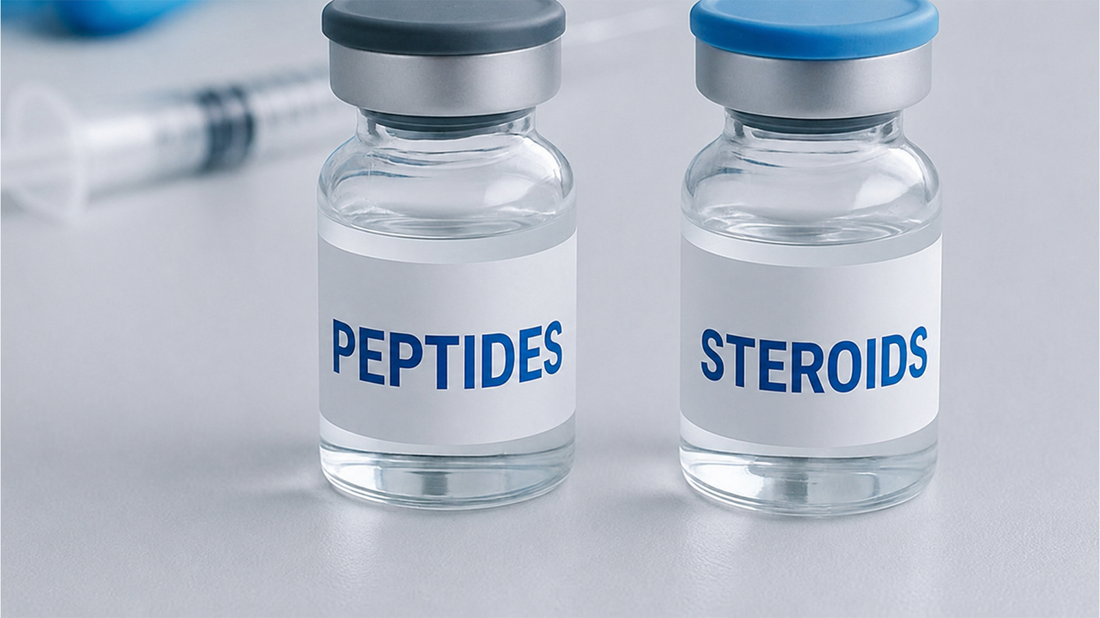 Peptides and steroids vials displayed side by side, illustrating the differences between peptides vs steroids for muscle growth, recovery, performance enhancement, and potential health risks.