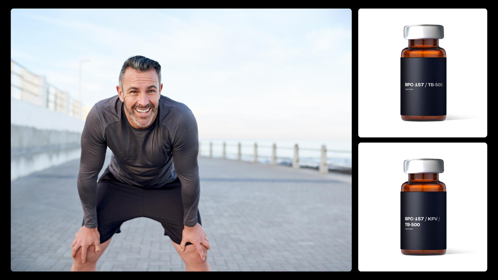 Recovery and healing peptide stacks featuring BPC-157, TB-500, and KPV alongside an active adult recovering after exercise to support tissue repair and joint recovery.