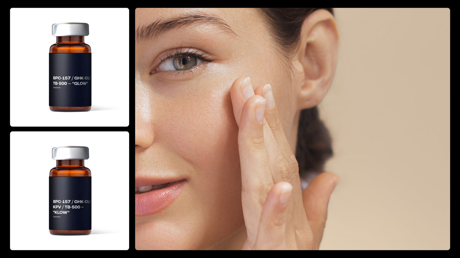 Skin health and renewal peptide stacks featuring BPC-157, GHK-Cu, TB-500, and KPV alongside healthy, glowing skin to support collagen production and skin repair.